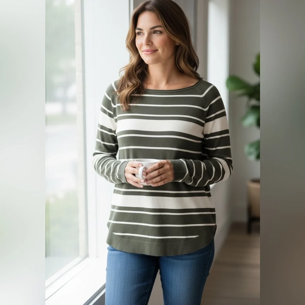 Pink Clover Stitch Fix Valencia Curved Hem‎ Sweater Olive Green Stripe Medium